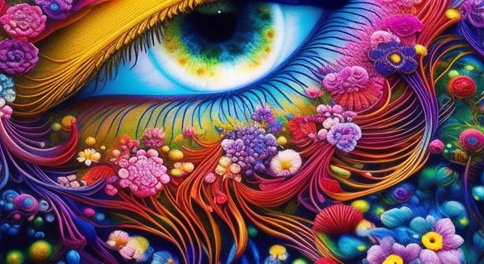 Eye with Embroidered Lace Flowers in Gouache Style