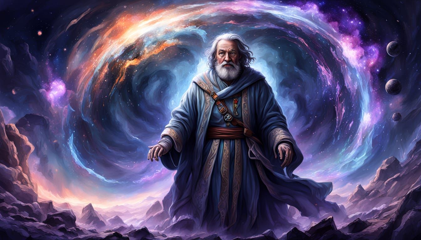 Old Sage Gazes at Swirling Nebula in Digital Fantasy Art