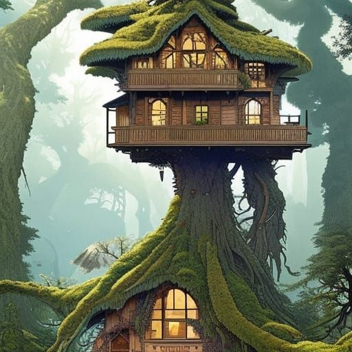 Solarpunk Forest Hut in Victorian Style