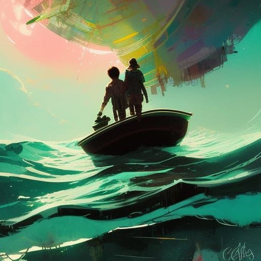 Boat on Giant Wave Under Luminous Moon