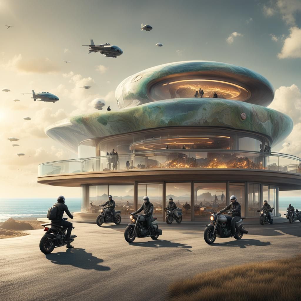 Motorcyclists at Futuristic Cafe: Matte Painting