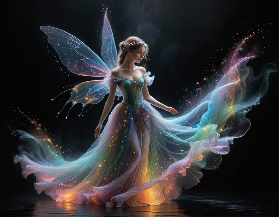 Ethereal Fairy in Gossamer Gown with Neon Rainbow Glow