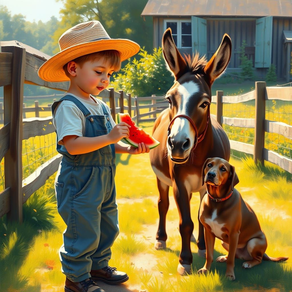 Boy Feeds Donkey Watermelon in Idyllic Farm Scene