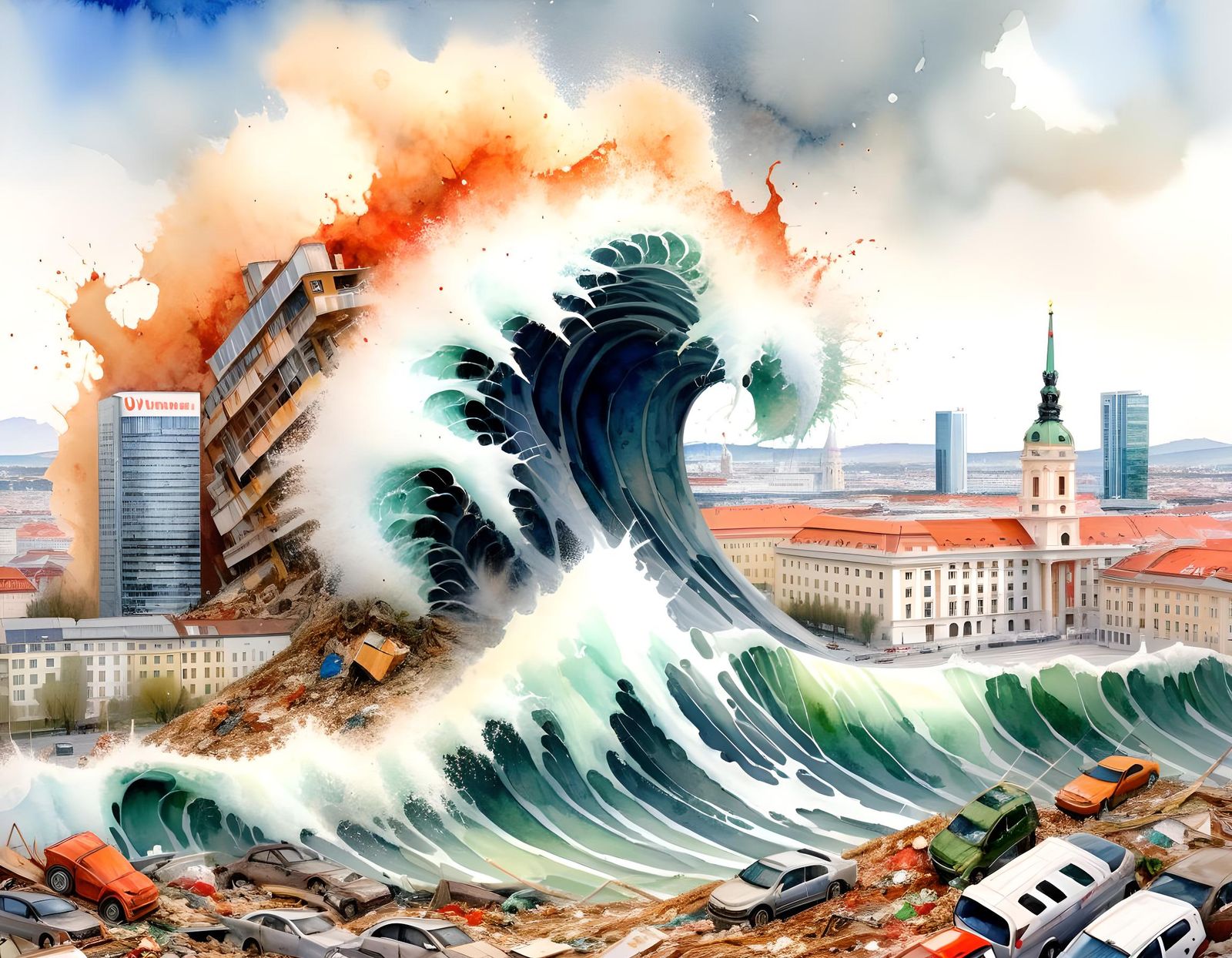 Post-Apocalyptic Tsunami Wave Overwhelms Vienna: Watercolor ...