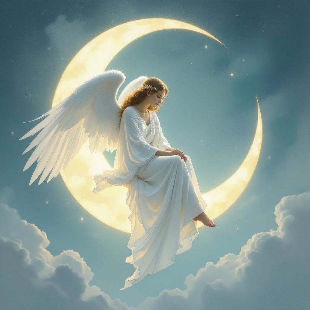 Ethereal Angel on Moon, Dreamy Art Style