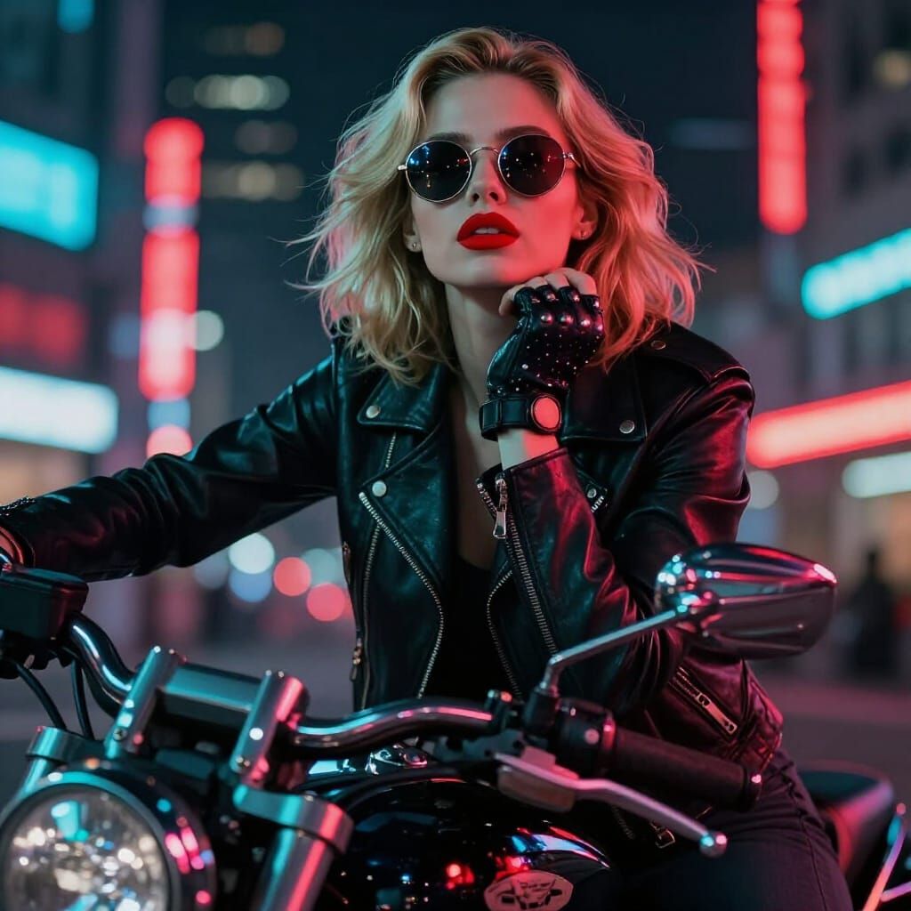 Blonde Biker Woman in Neon Cityscape