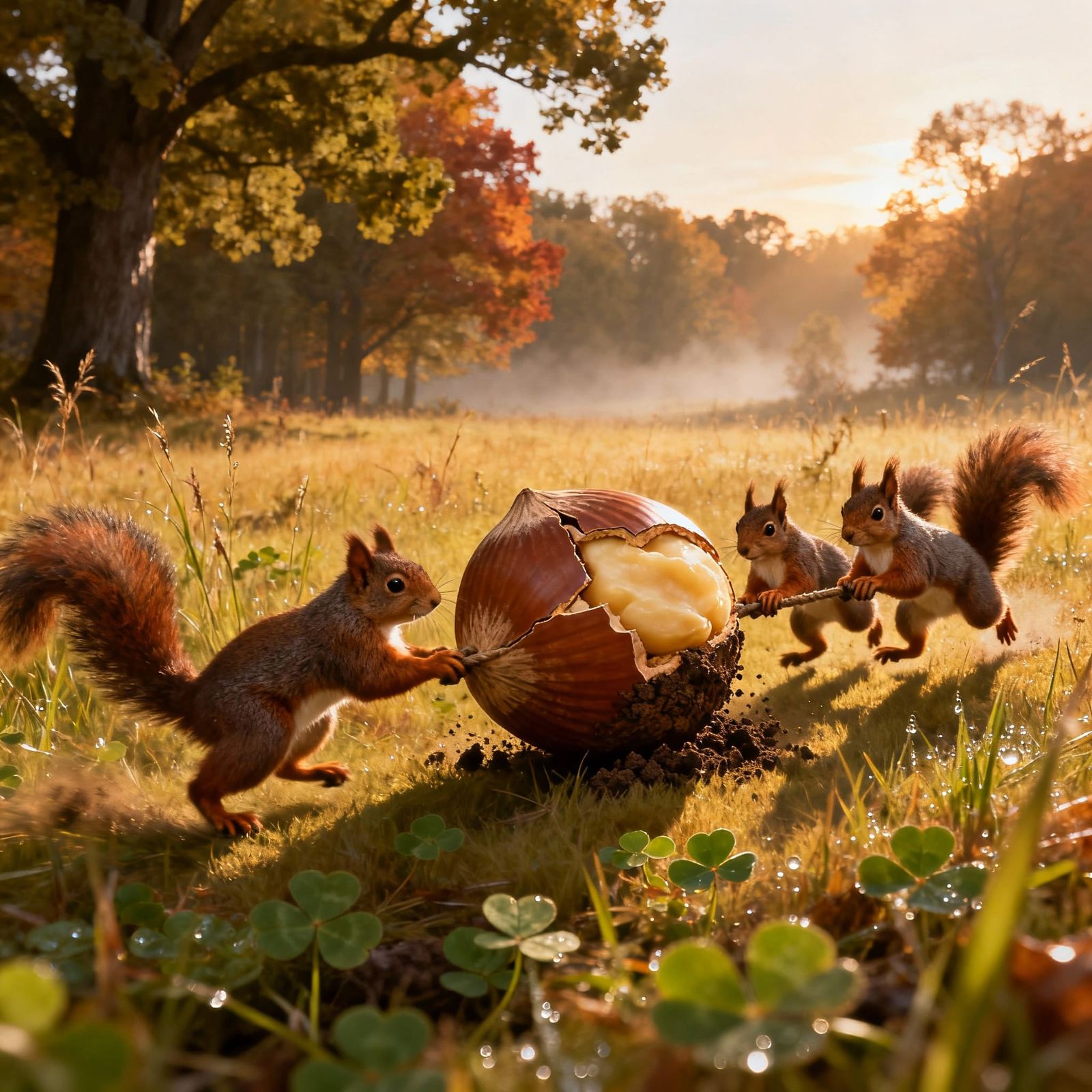 Squirrels Haul Giant Hazelnut in Autumn Meadow
