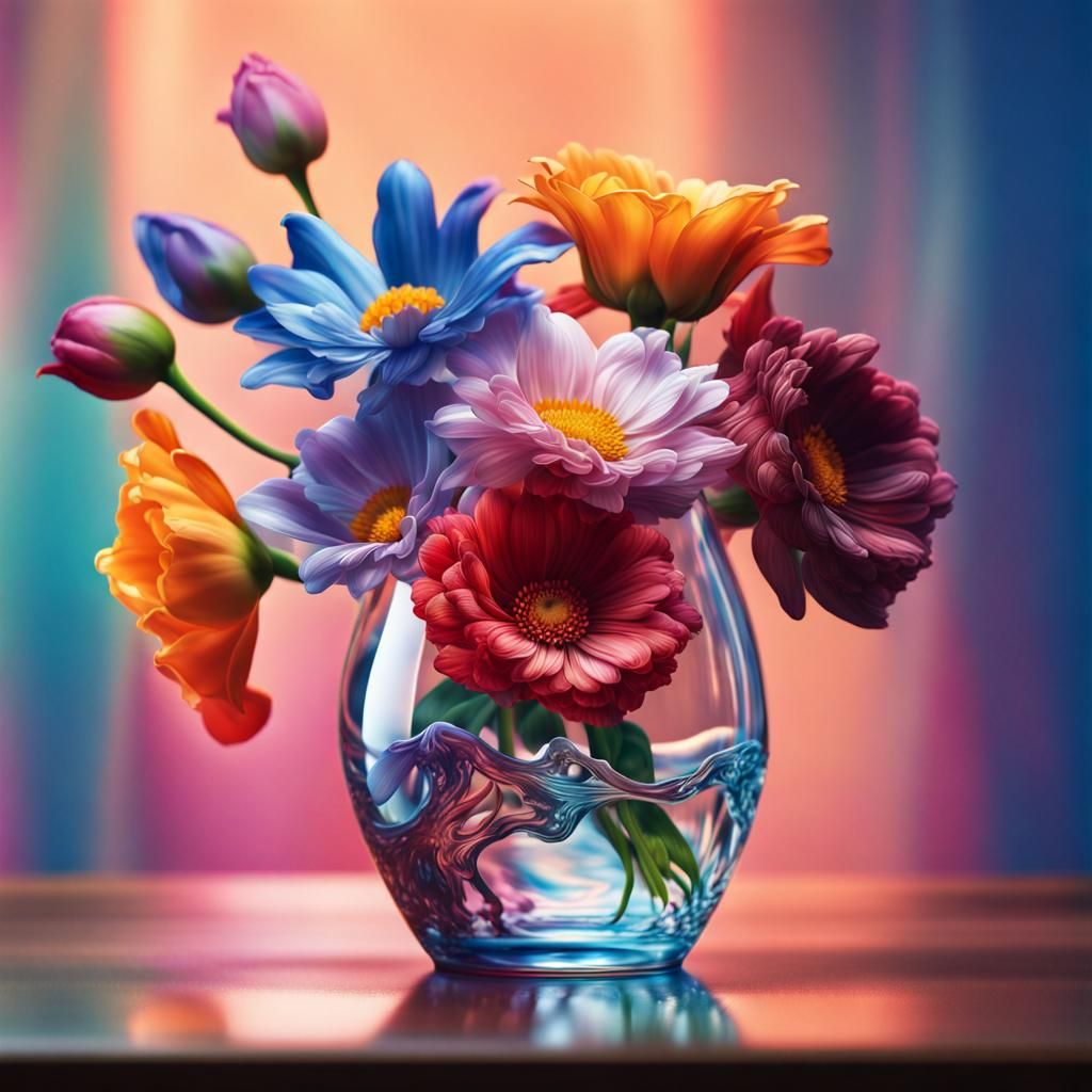 Blooming Flowers in Glass Vase: Hyperrealistic Splash Art