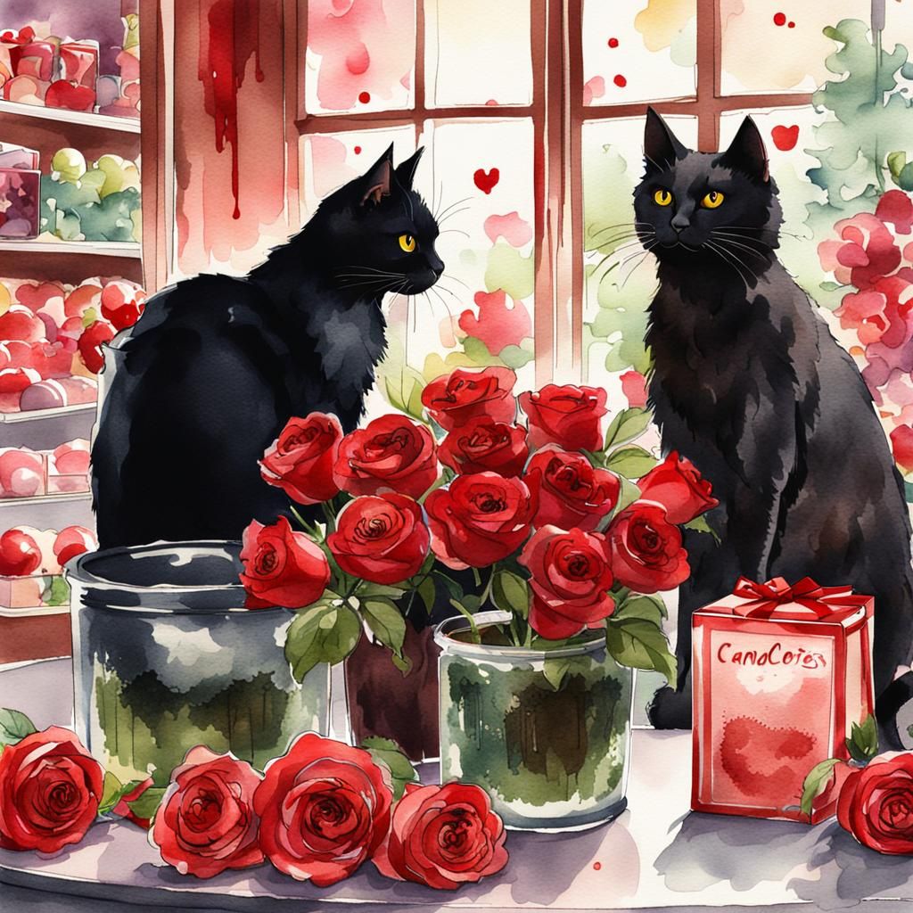 Black Cats in Candy Shop: Digital Watercolor Illustration