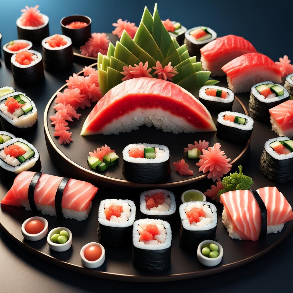 Exquisite Sushi Platter with Watermelon Sculpture