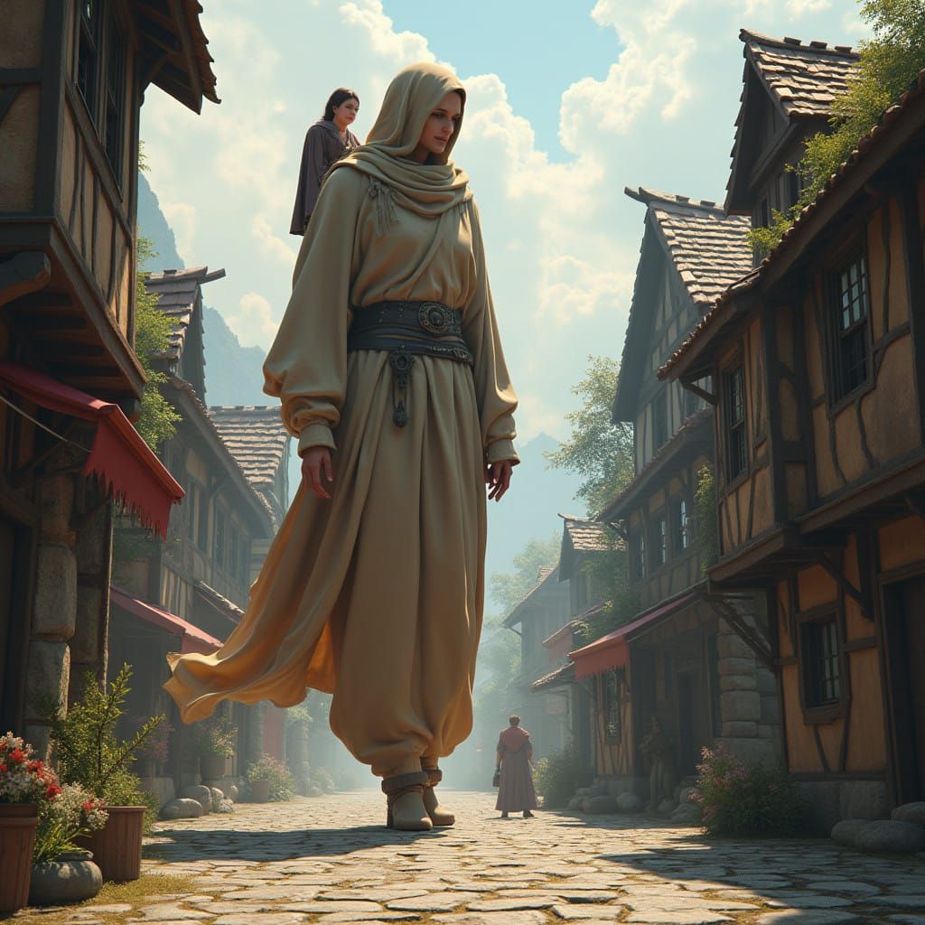 Majestic Giantess Strolls Through Quaint Medieval Town