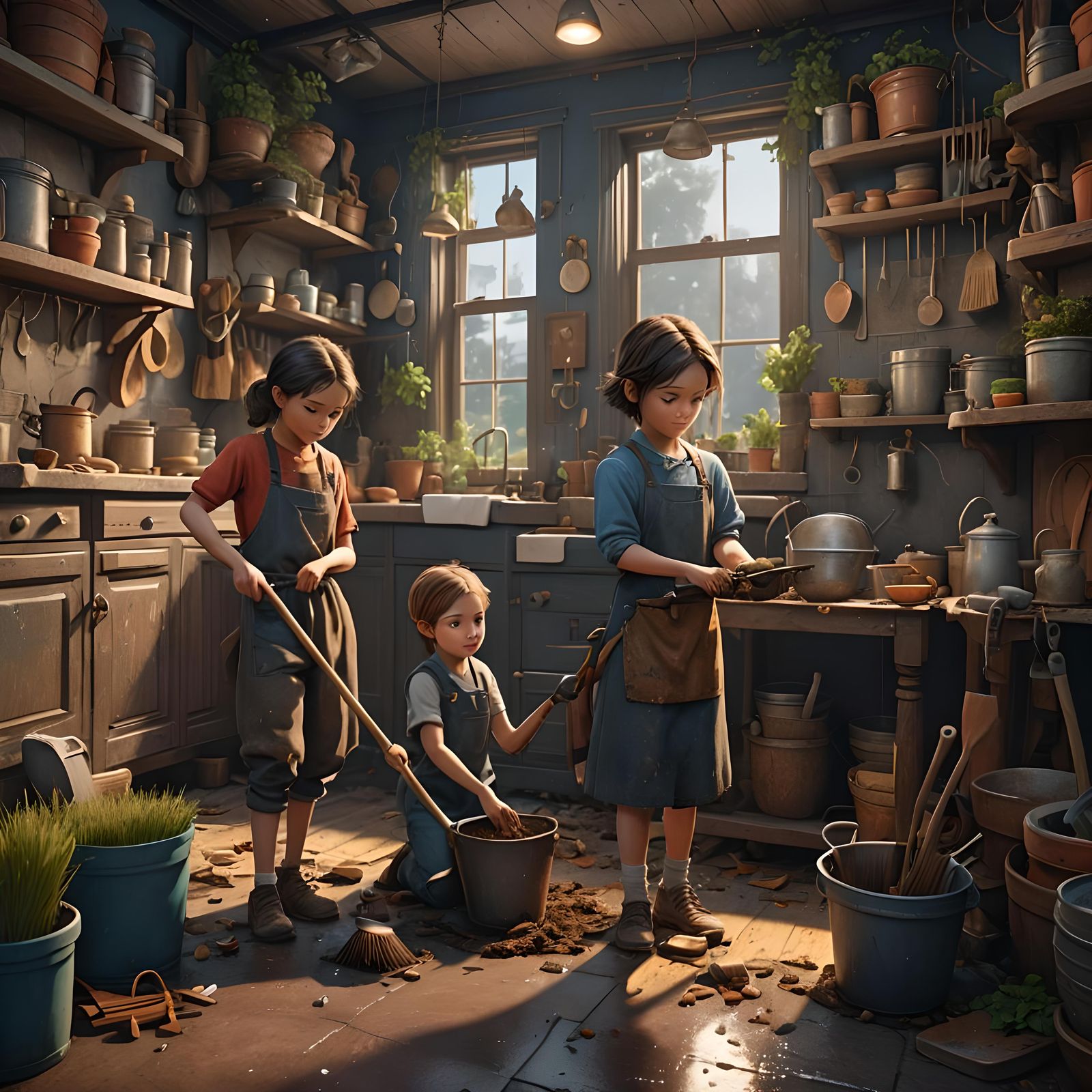 Children Doing Chores: Detailed Matte Painting