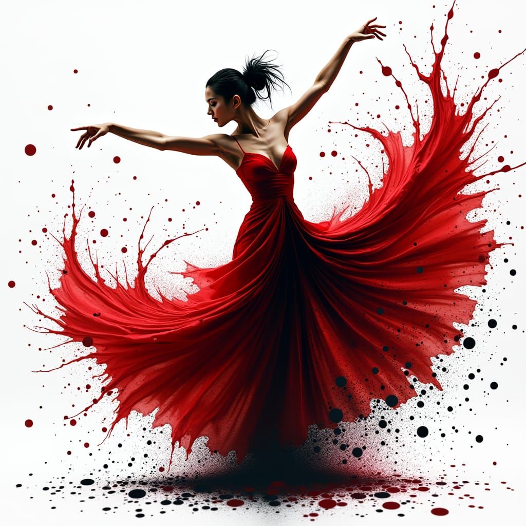 Abstract Ink Splatter Art of Dancer in Red