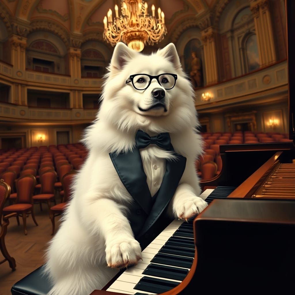 Samoyed Dog Plays Piano in Concert Hall