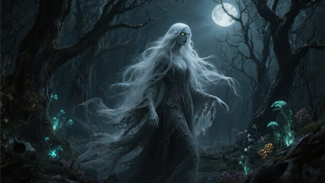 Ethereal Banshee in Macabre Forest: Gothic Art Nouveau