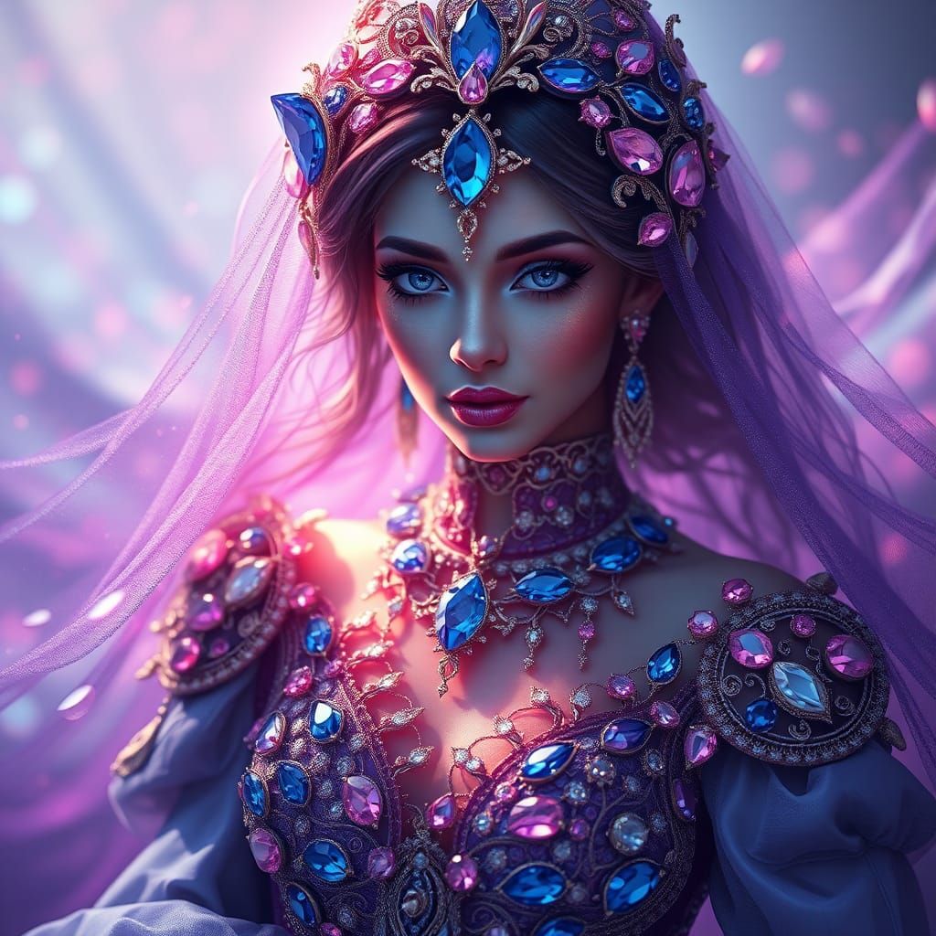 Jewel-Encrusted Maiden in Ethereal Fantasy Realm