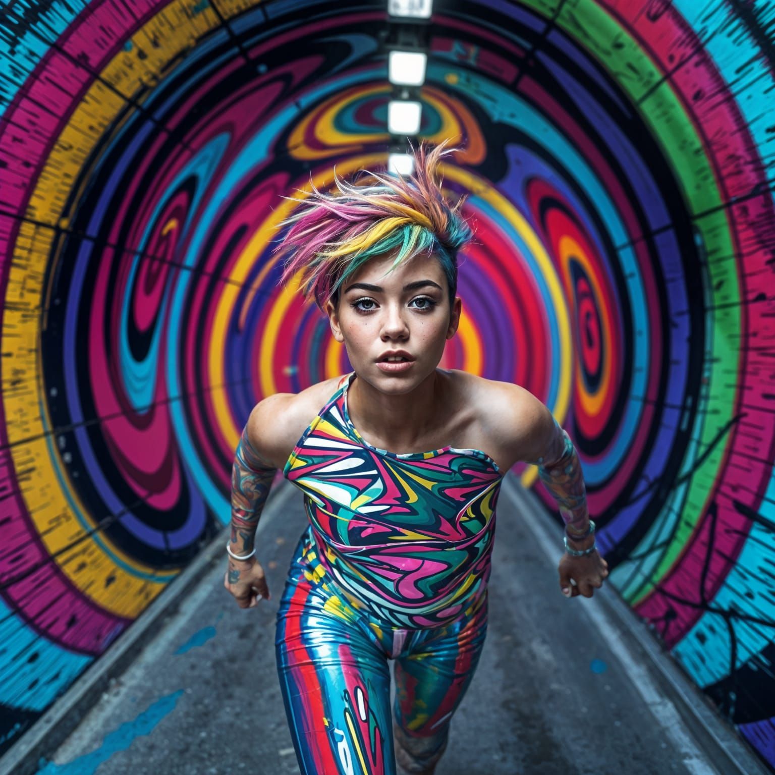 Vibrant Runner in a Rainbow Tunnel