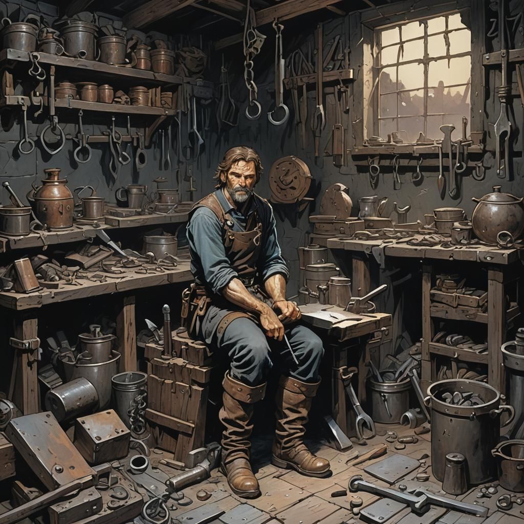 Blacksmith in Dark Fantasy Workshop, 1970s Art