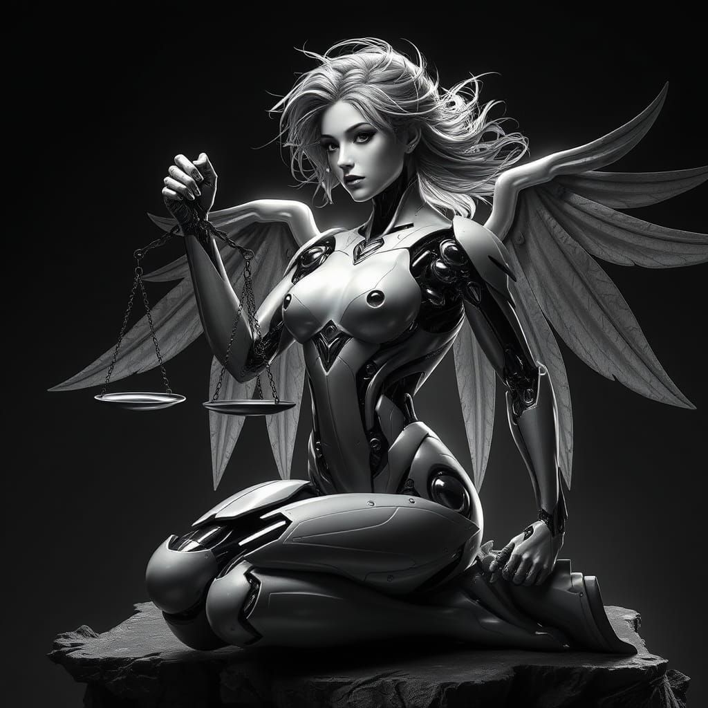 Elegant Robot Goddess of Justice in Black and White