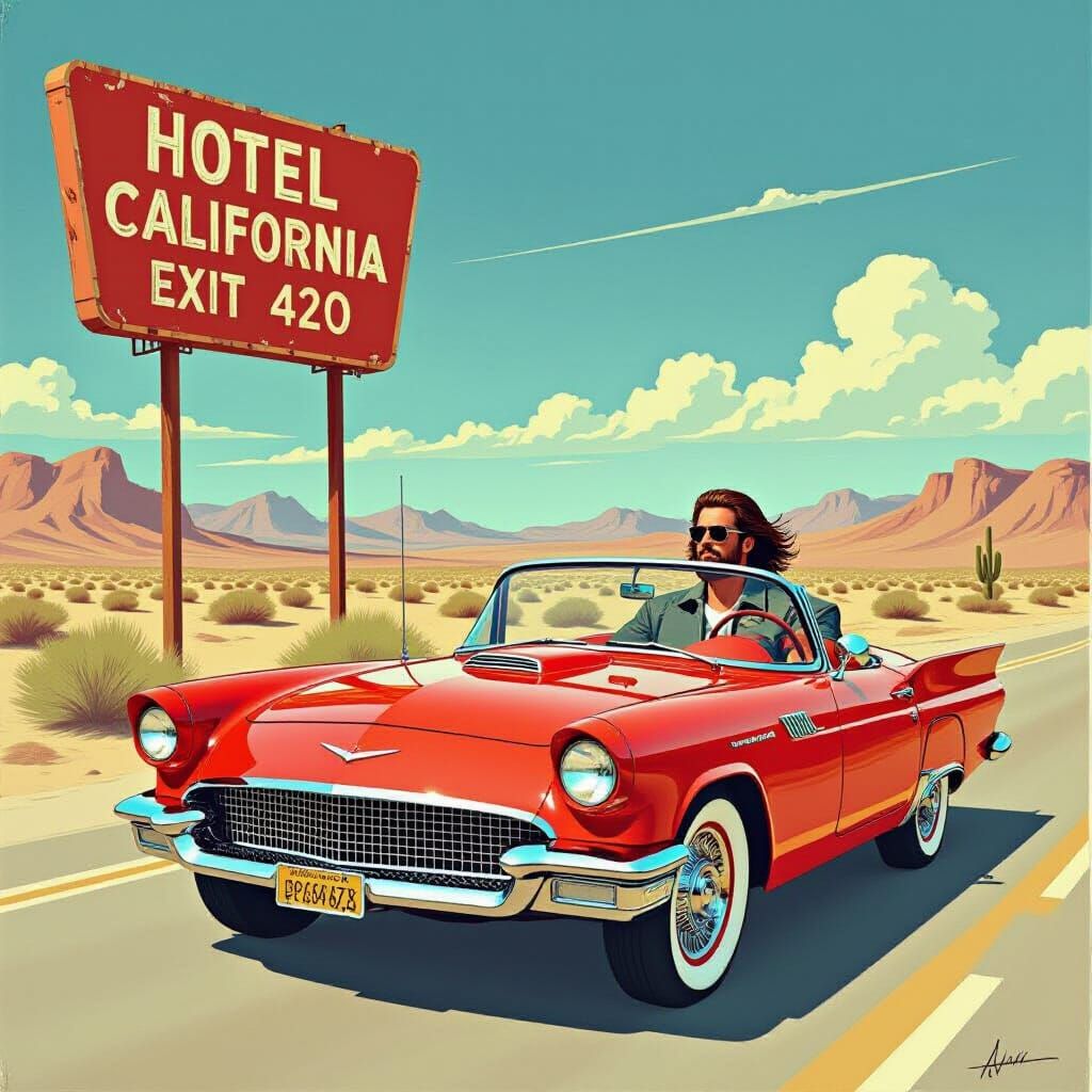 Retro Corvette on Desert Highway, Vintage Art Style