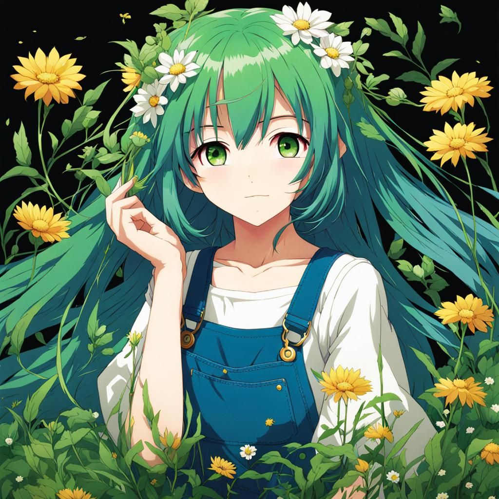 Anime-Style Girl with Flowers and Vines