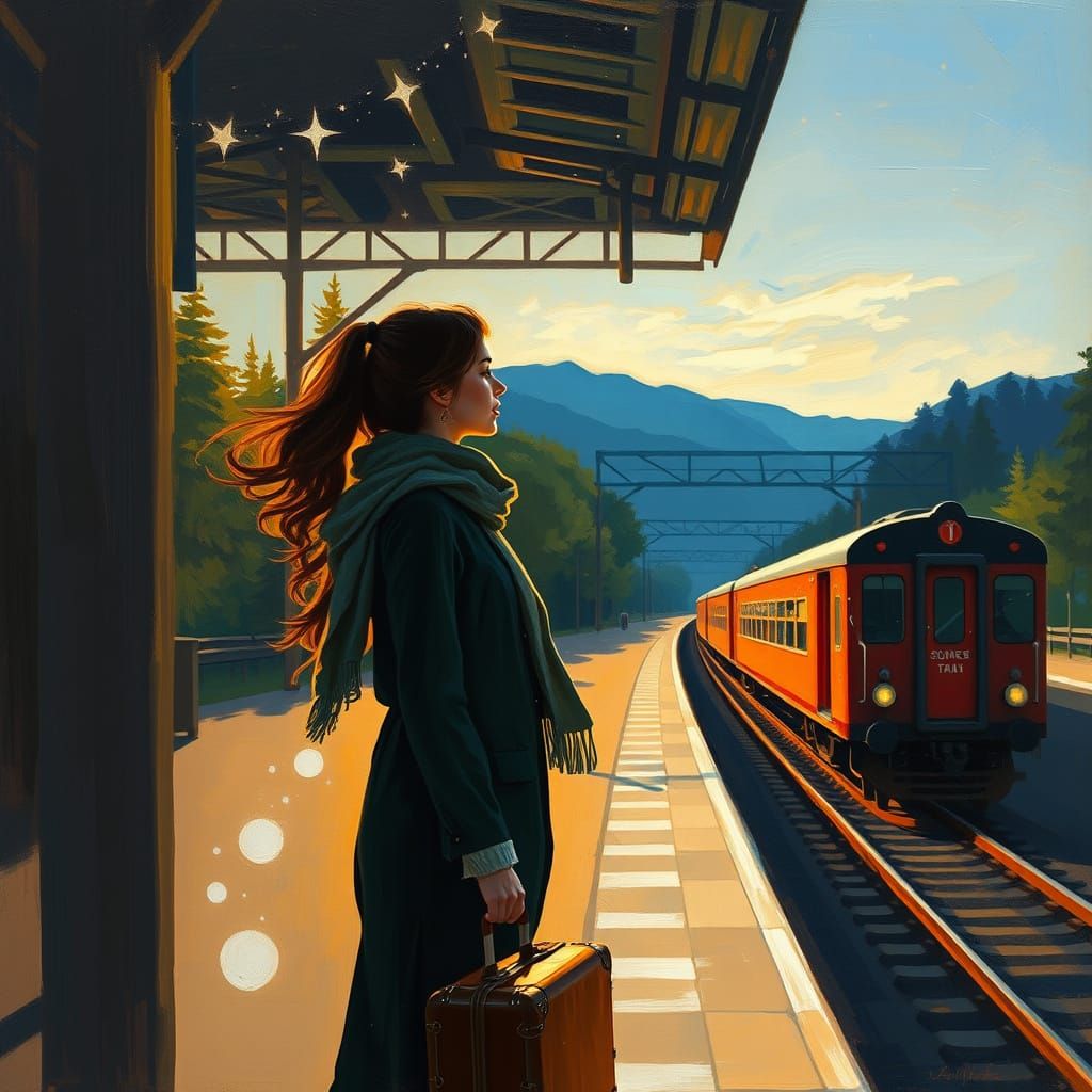 A woman's profile filled with forest, sea or starry sky. Alone at a train station waiting for a train. A dreamy composit...