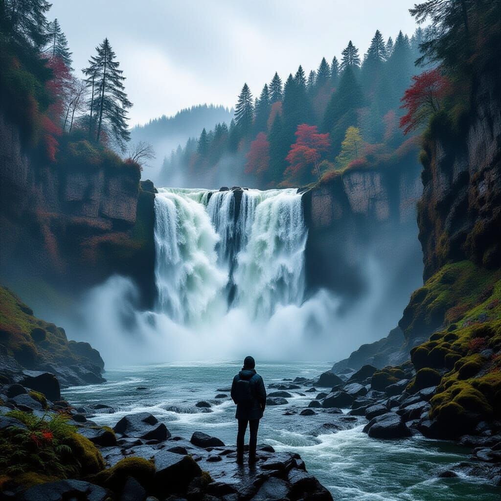 Figure Gazes at Majestic Waterfall in Misty Gorge