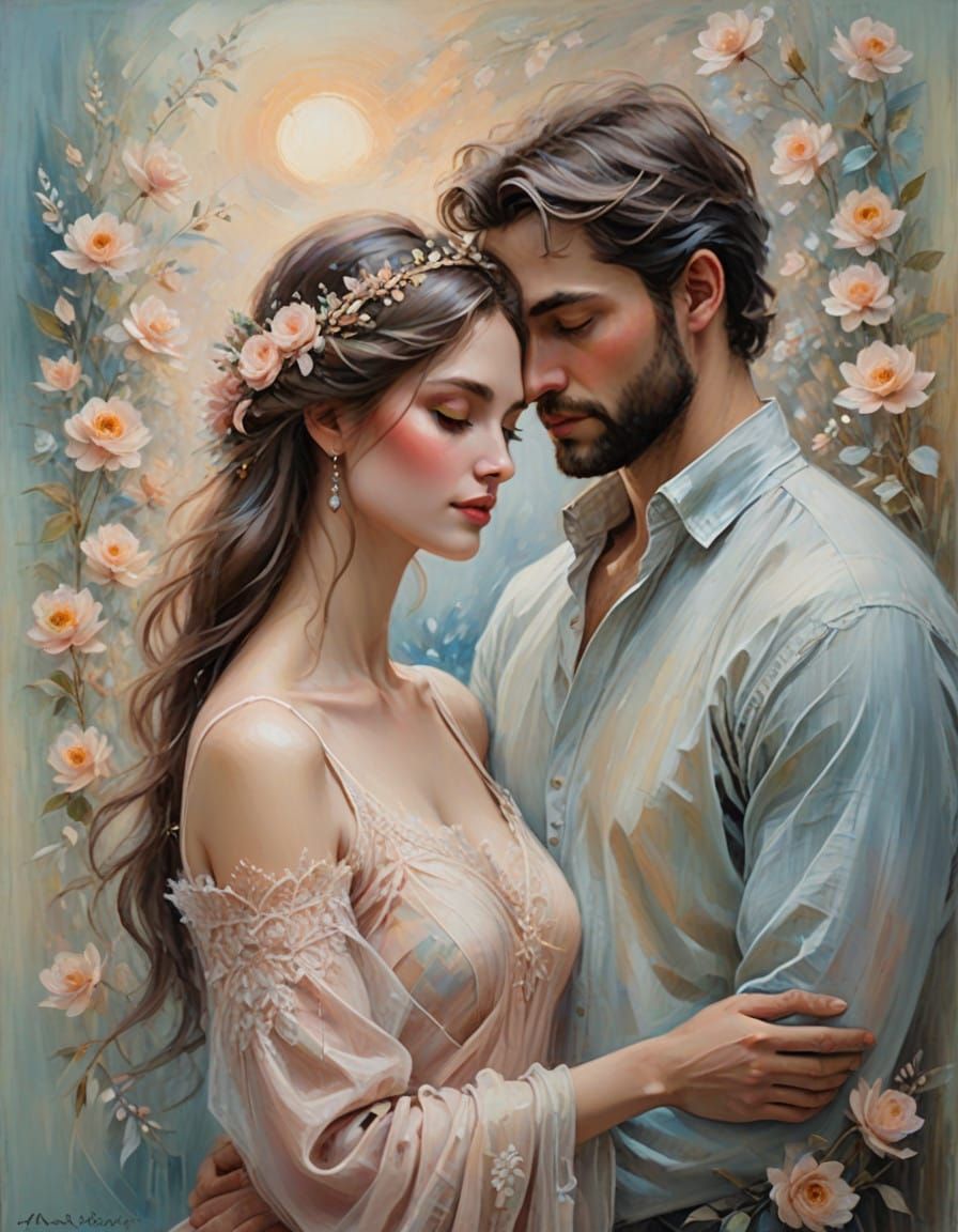 Dreamy Oil Painting of Love in Soft Pastel Hues