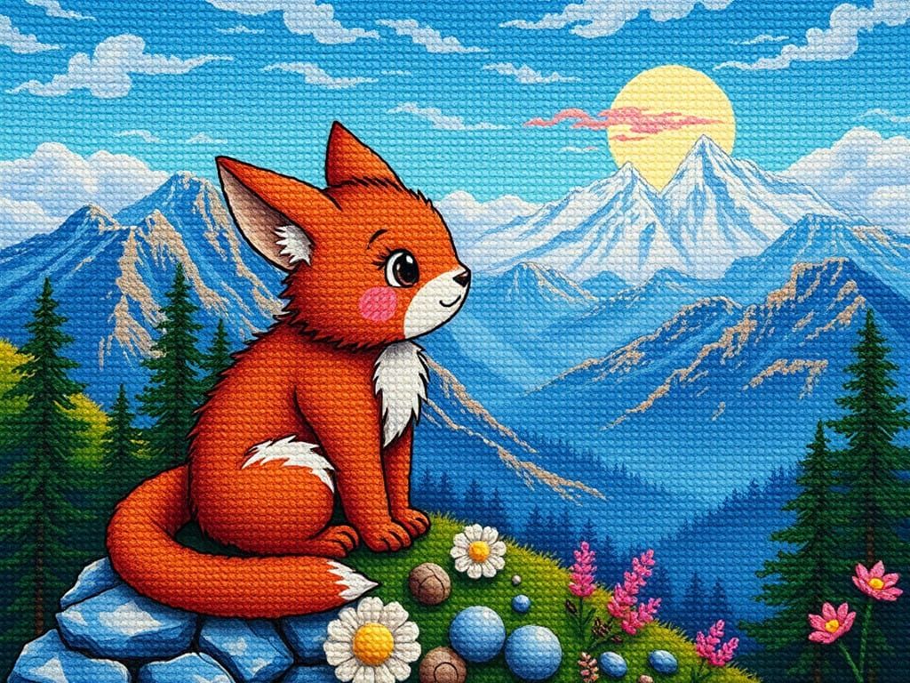 Intricate Anime Needlepoint furry cute creature serene mount...