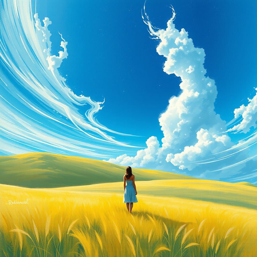 Serene Woman Contemplates Ethereal Sky in Dreamlike Landscap...