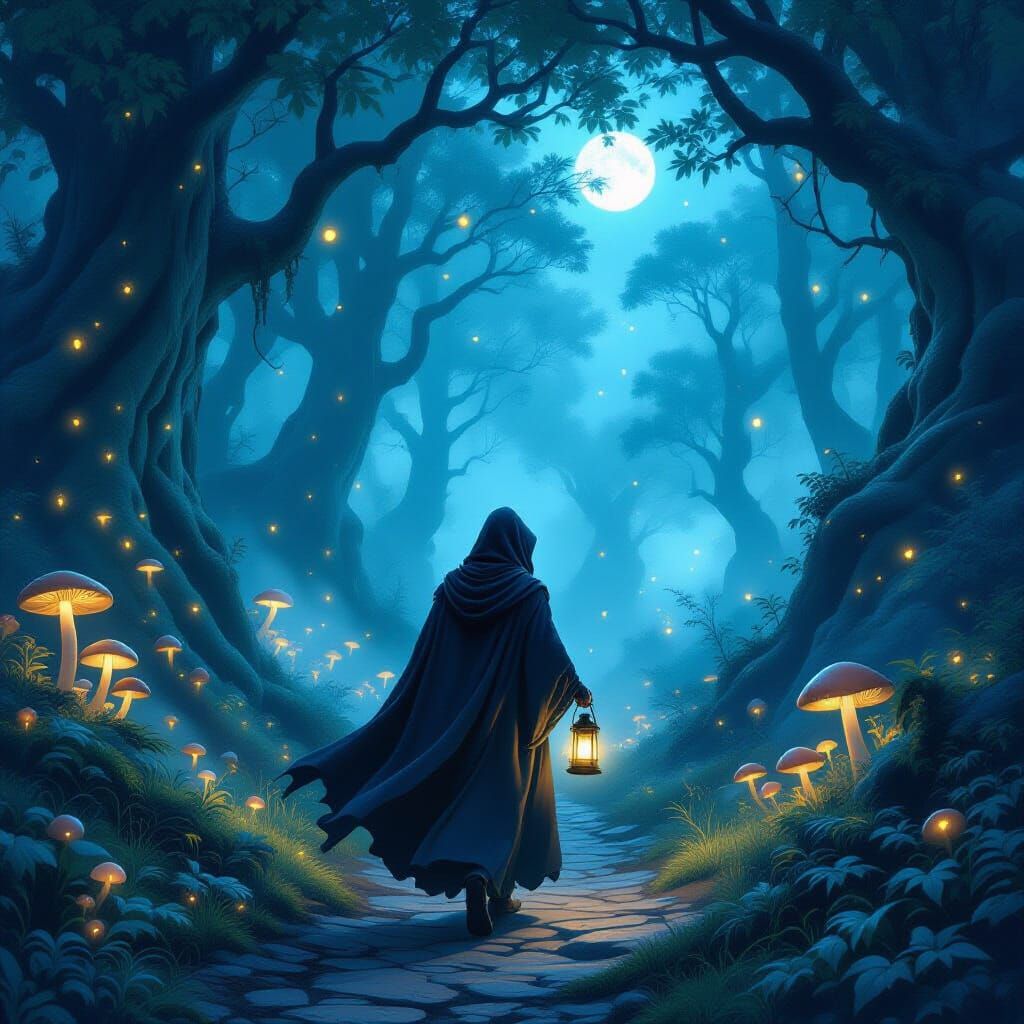 Enchanted Forest Path with Hooded Figure in Fantasy Style