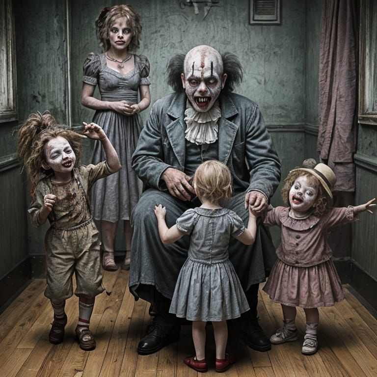 A zombie clown entertaining children in a creepy hospital wa...