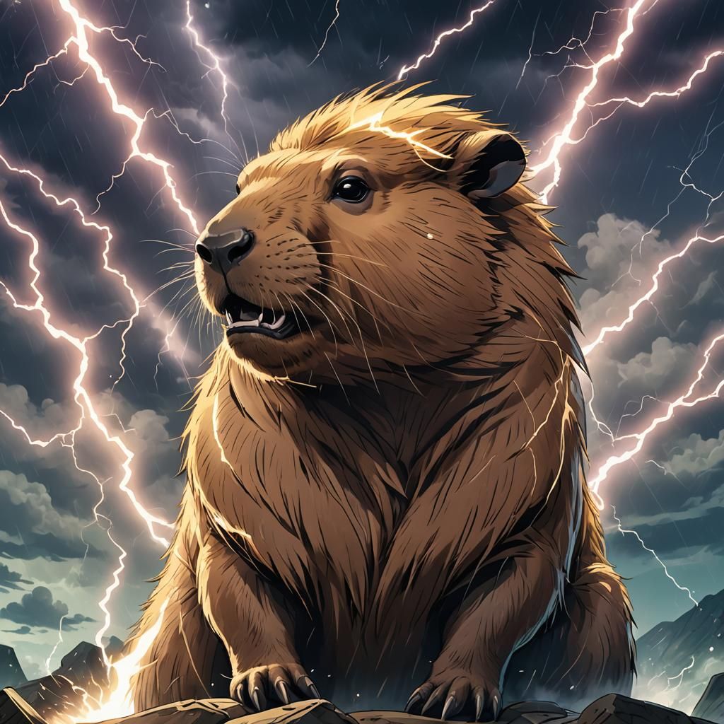 Zeus Capybara with Lightning, Anime Style