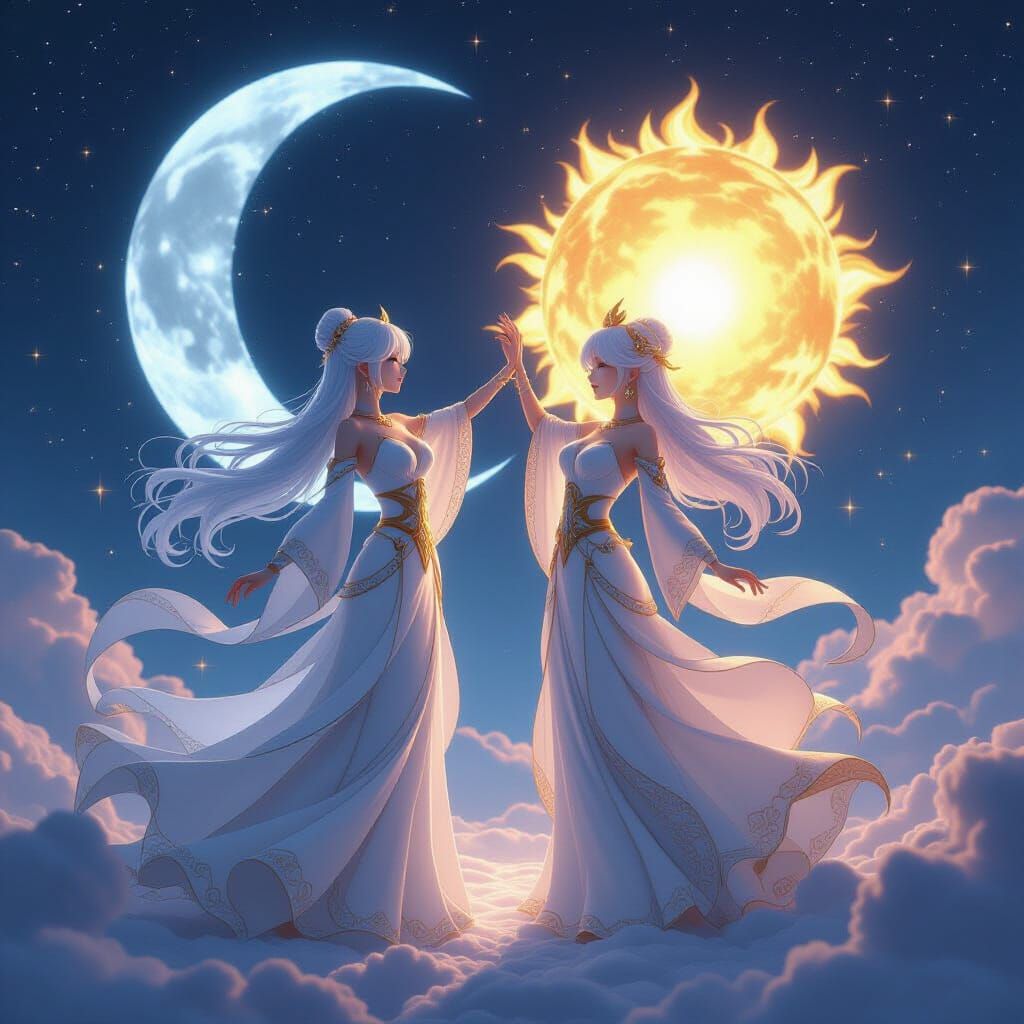 Celestial Beings Dance in Cosmic Sky - Anime Style