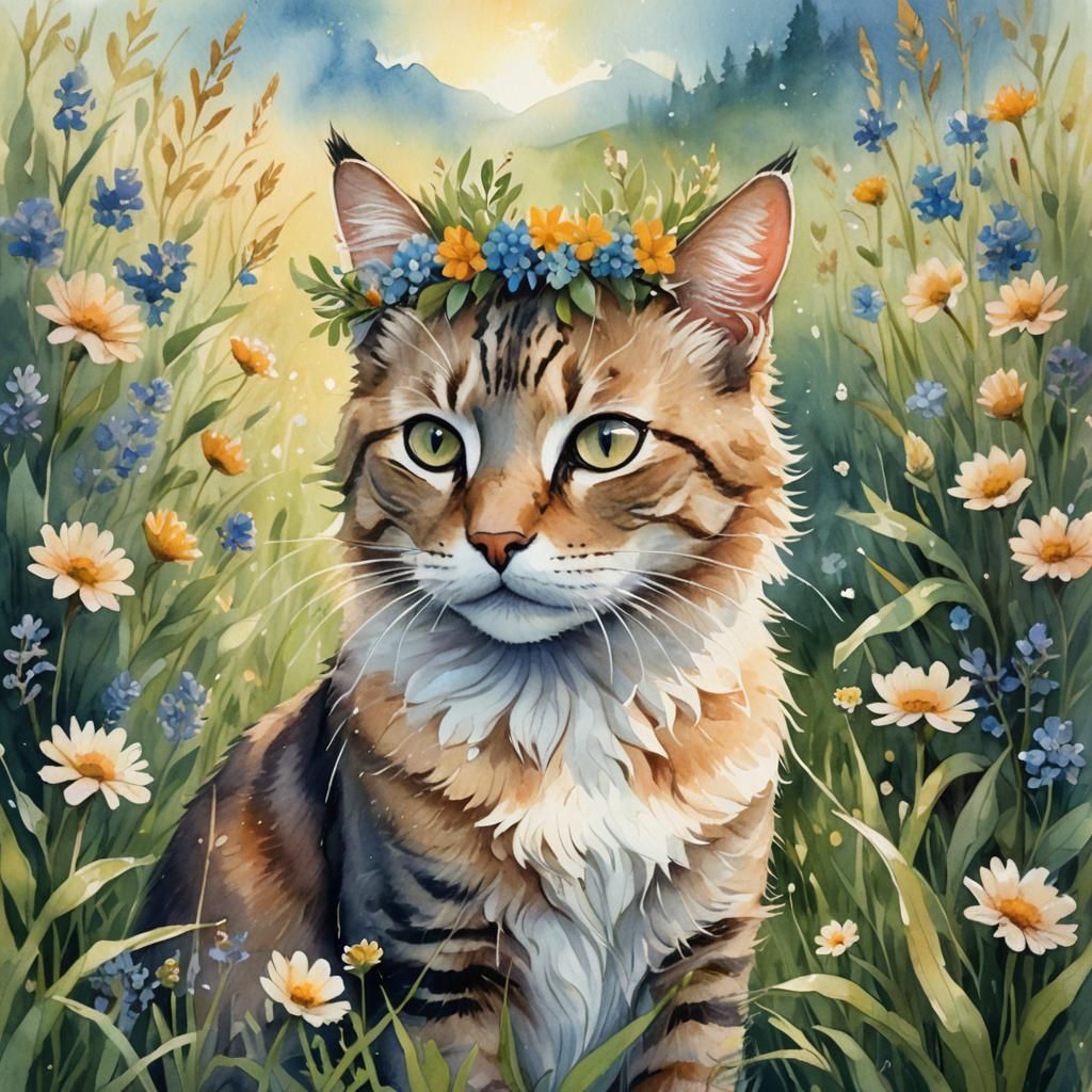 Cat with Flower Crown in Watercolor Meadow