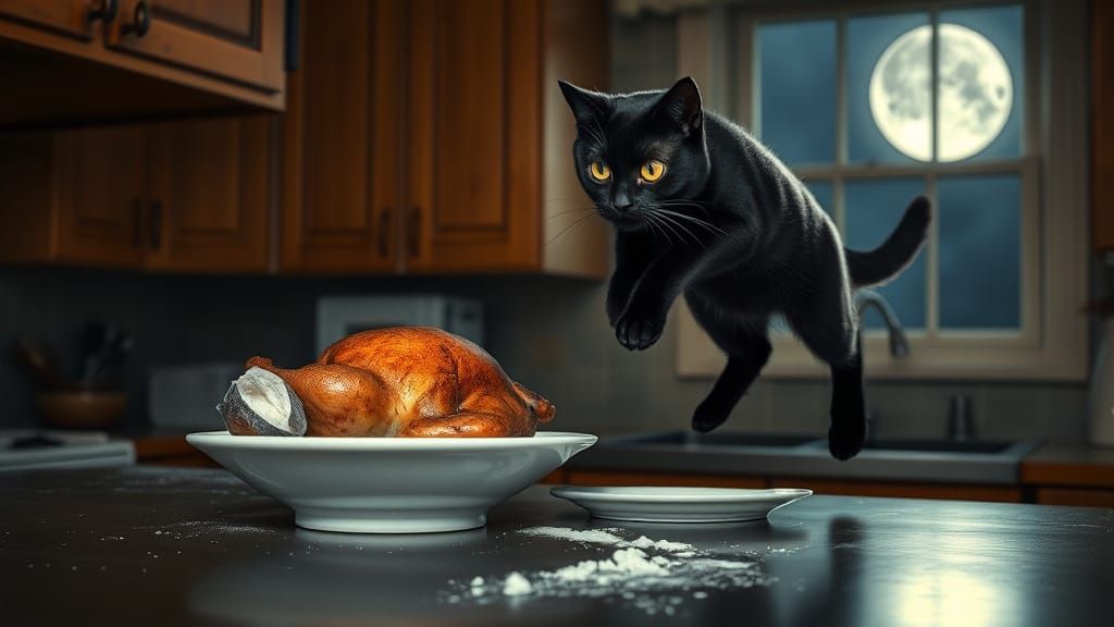 Moonlit Feline Thief in a Kitchen Scene