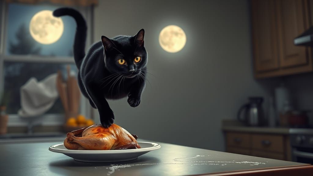 Whiskered Thief in Moonlit Kitchen