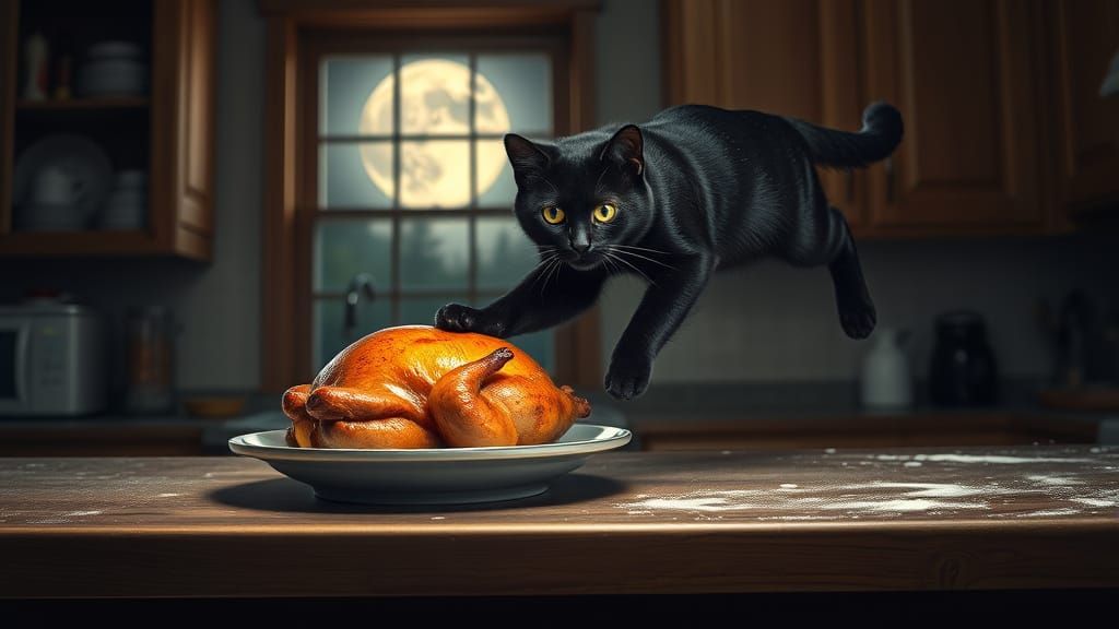 Whiskered Moonlight Thief Steals Kitchen Delight