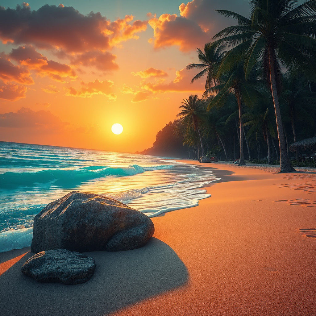 Tropical Beach Sunset with Ethereal Flowers