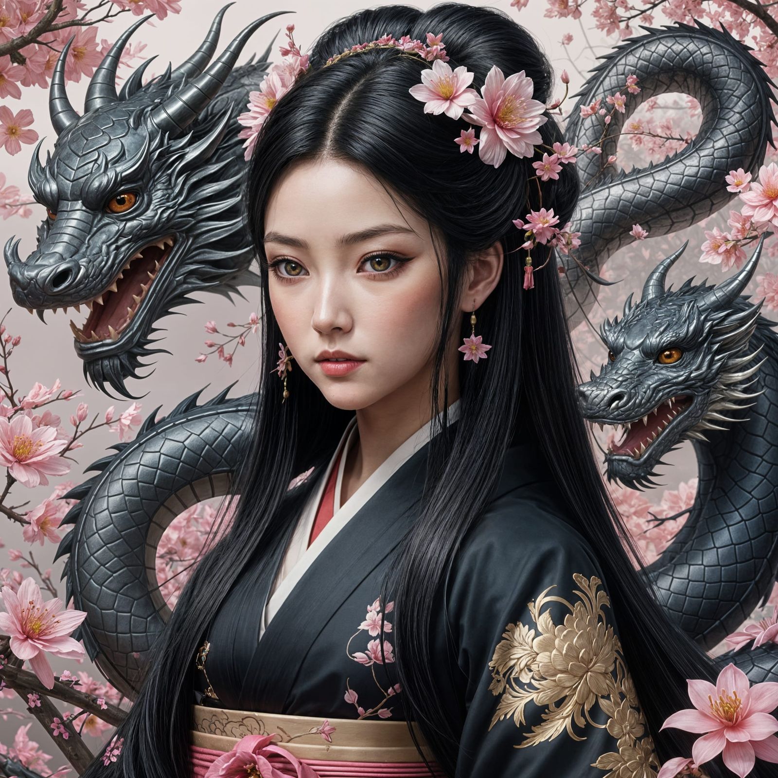 Stunning Geisha with Dragon Hairpins in Anime Style