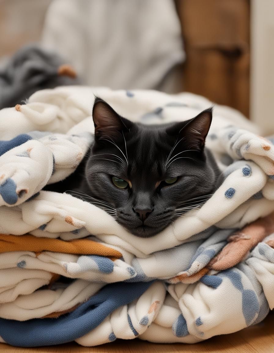 Sleepy Cat Curled Up in Laundry Pile Photo