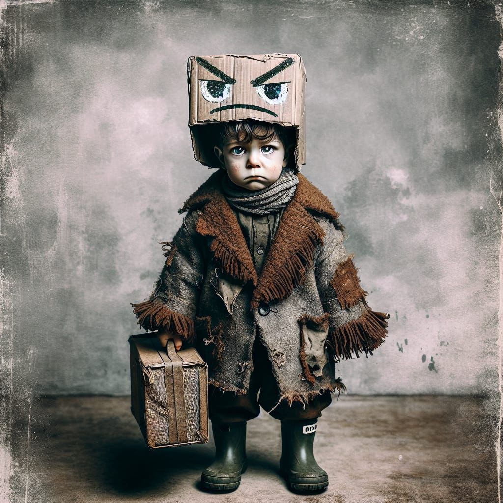 Small Child Walking with Cardboard Hat and Suitcase in Muted...