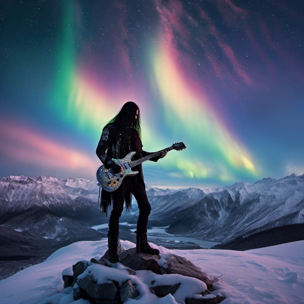 Metalhead Under Northern Lights with Rainbow Sparkle