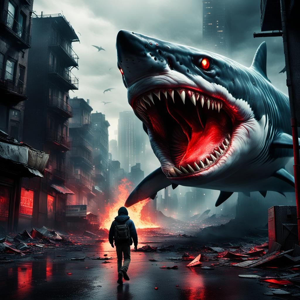 Giant Shark's Dystopian Rampage in Dark Neon Style