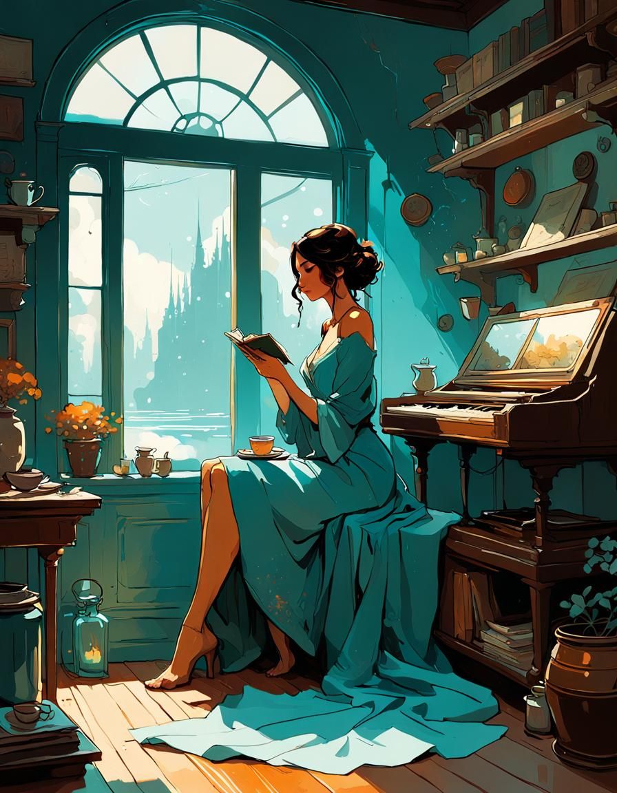 Dreamy Girlfriend in Cozy Interior, Matte Oil Painting