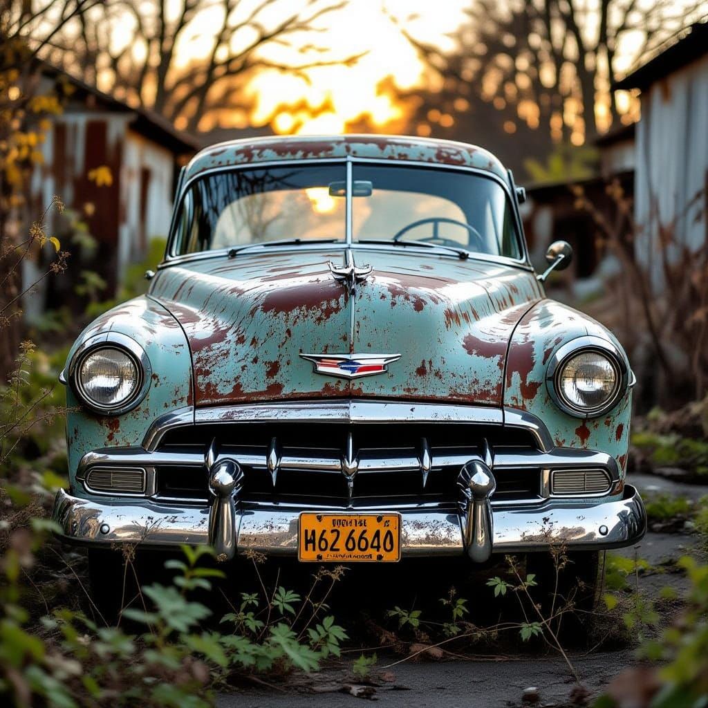 Abandoned Car Forms Melancholic Face in Rusty Junkyard