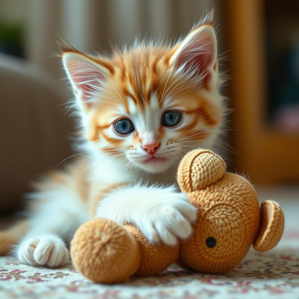Whimsical Kitten Plays with Stuffed Friend in Cozy Home