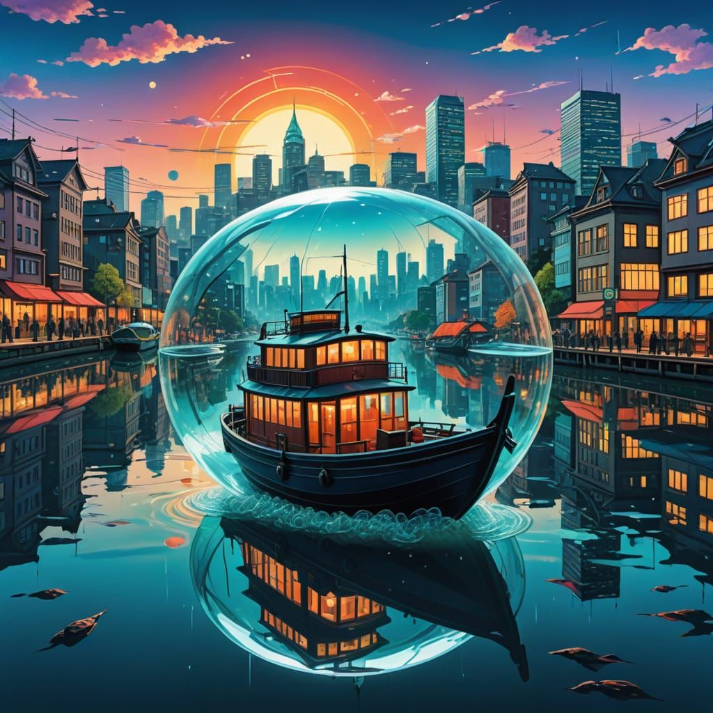Cityscape in Jelly: Surreal Boat Scene in Ukiyo-e Style