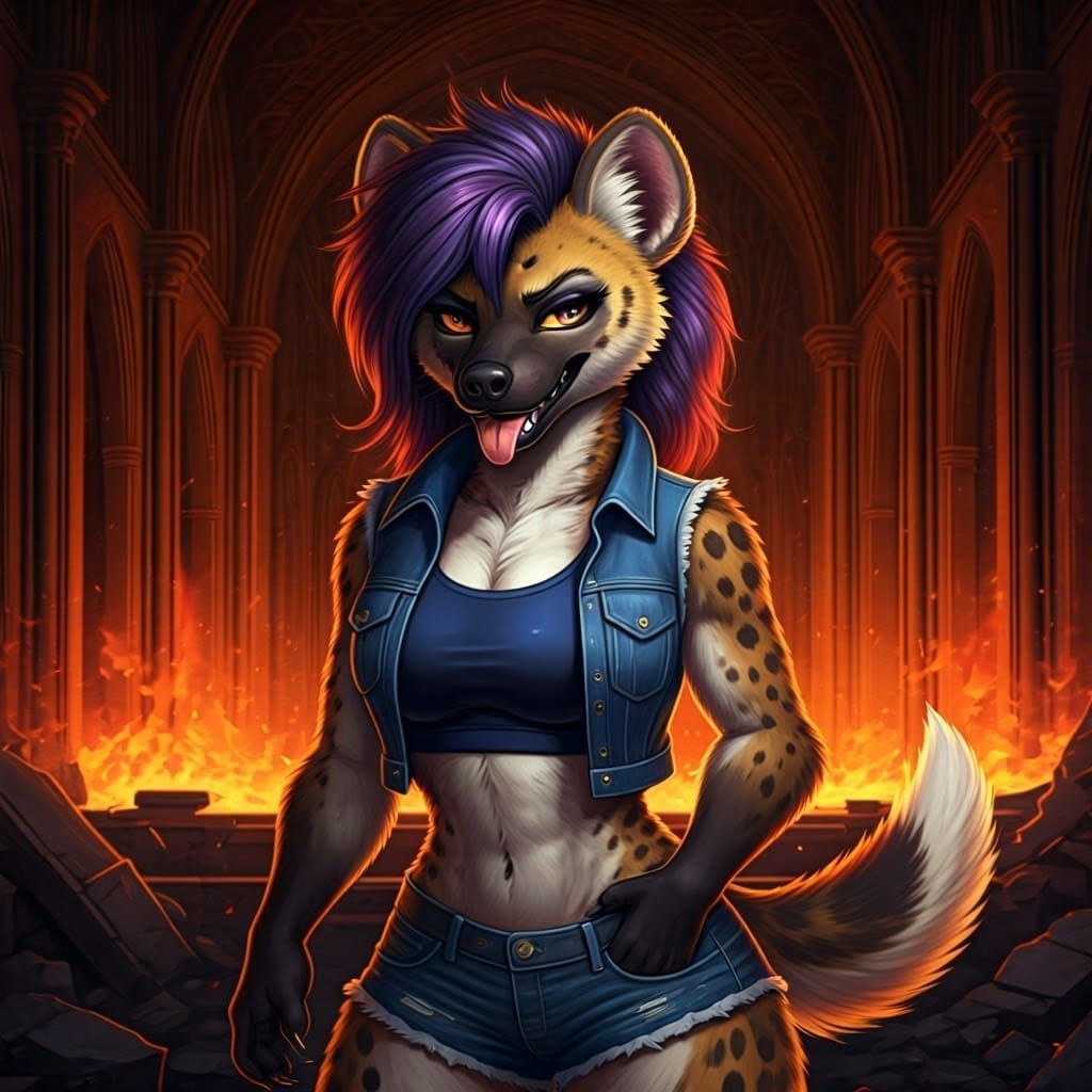 Furry Hyena in Fiery Church, Dramatic Lighting