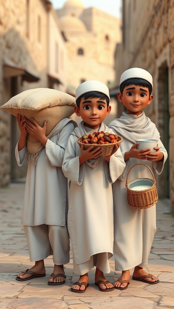 Men with Food in Old Village Street Scene